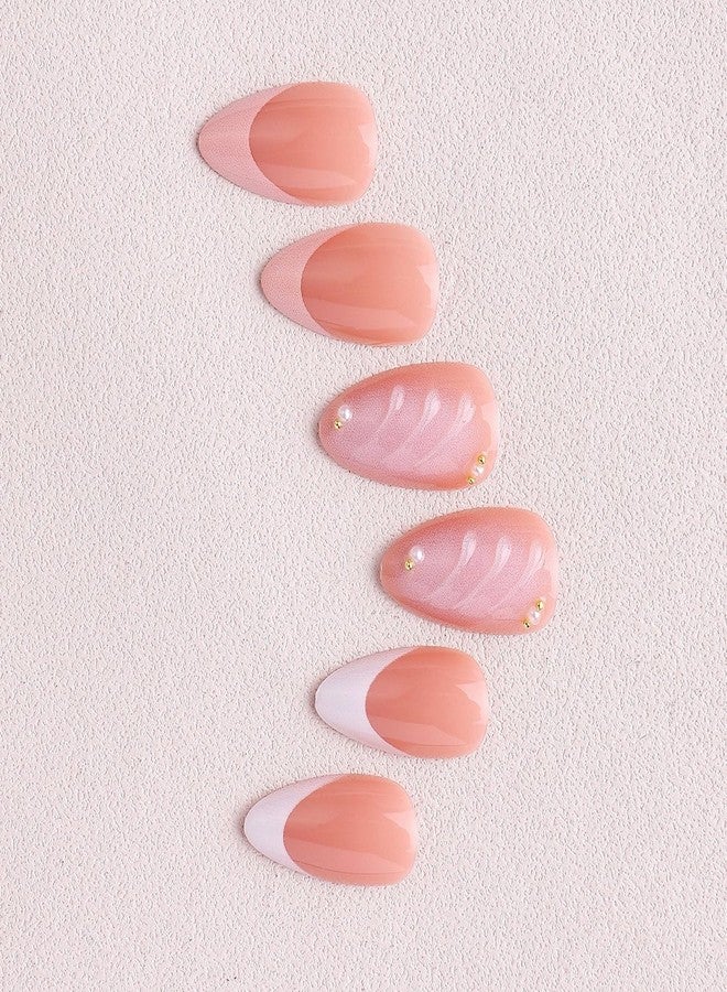 OCOUYVD 24 Pcs Flower Press on Nails Short Almond Reusable Fake Nails with 3D Pearl Design White French Tip Acrylic Nail Kit Glossy Full Cover False Nails Stick on Nail for Women Manicure Art Gifts - Image 4